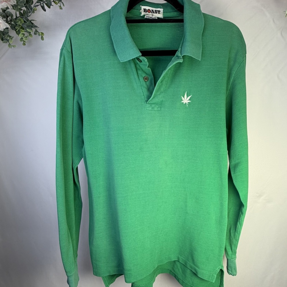 BOAST Men's Long Sleeve Polo Shirt XL Green 100% Cotton